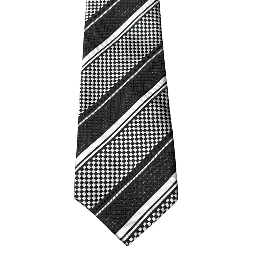 Hisdern Mens Black White Checkered Striped Geometric Handmade Necktie Tie